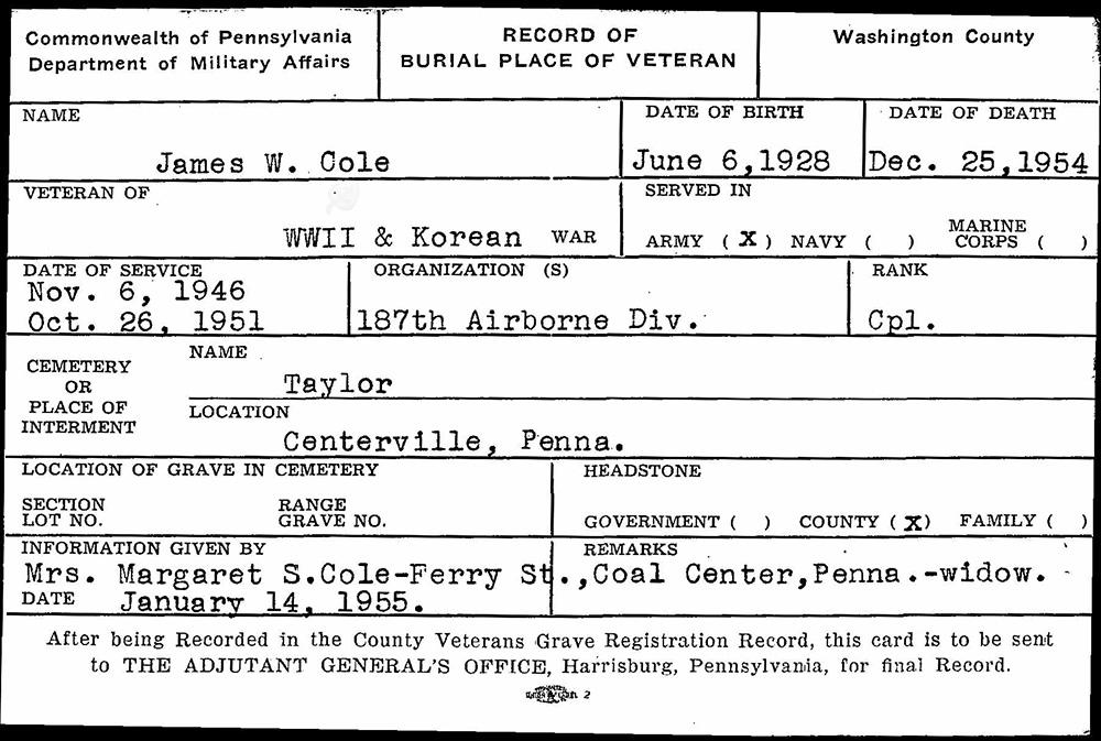 veteran burial card